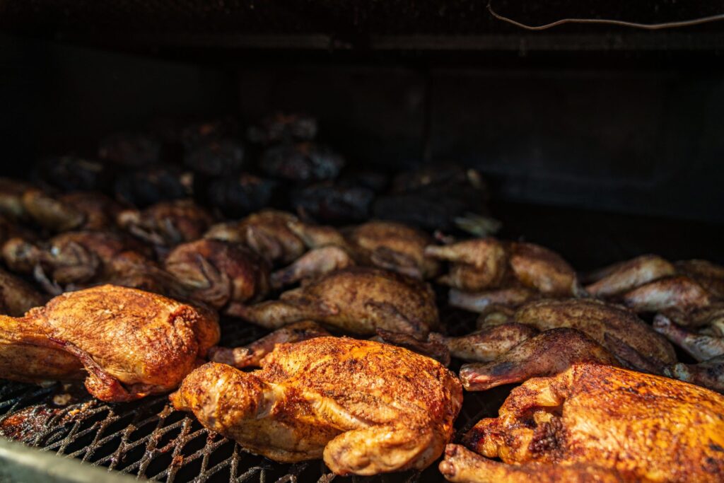 Whole chickens in the smoker