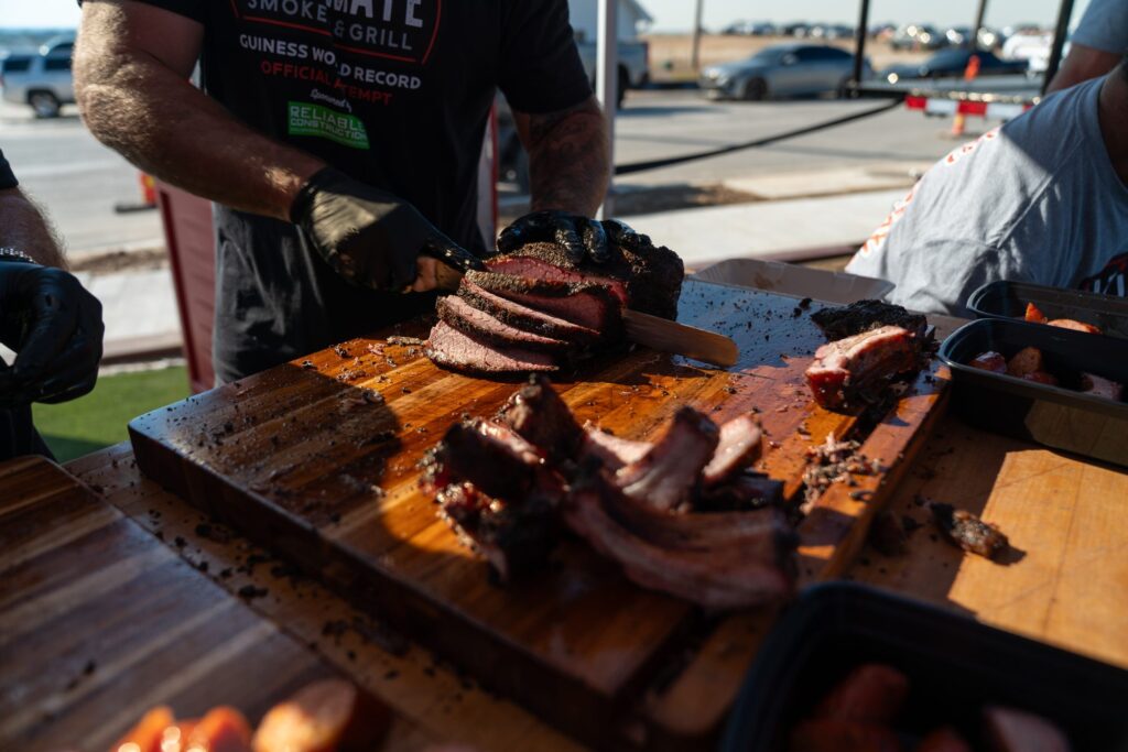 Sliced brisket on the board